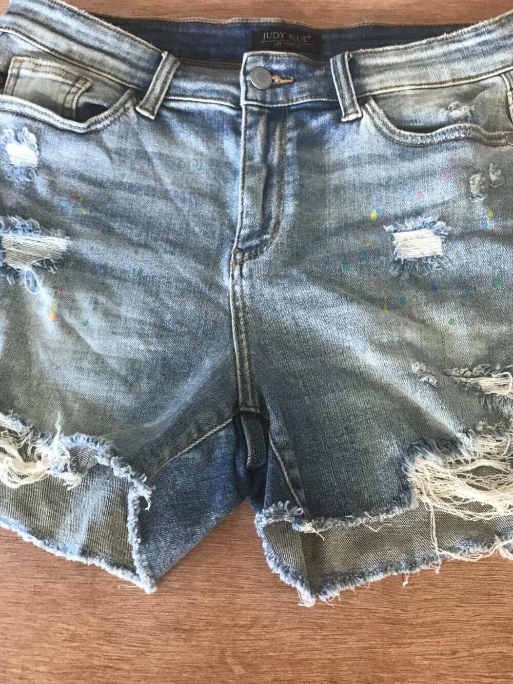 Judy Blue Cut Off Shorts Women L Blue Paint Splatter High Rise Distressed Beach